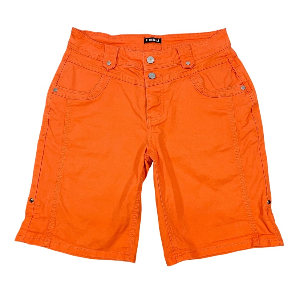 Flamingals Orange Double Button High Waist Bermuda Button Fly Shorts Womens M